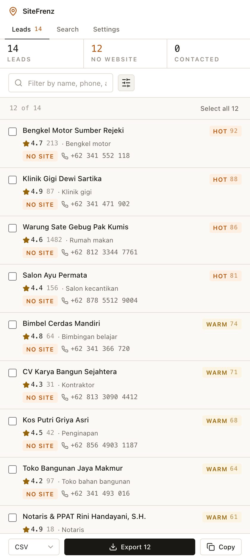 Daftar lead SiteFrenz: 14 usaha, 12 bertanda belum punya website, tiap baris dengan skor dan nomor telepon