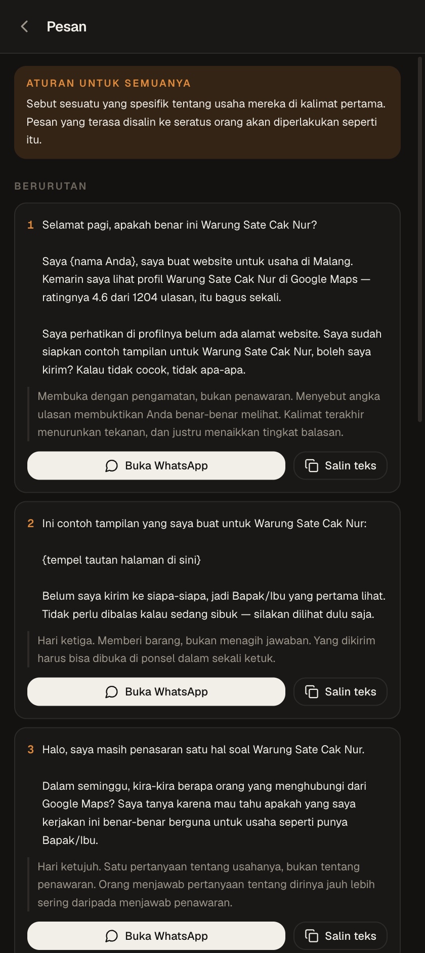 Layar Pesan di panel SiteFrenz dengan pesan WhatsApp yang sudah terisi nama usaha dan tautan halamannya